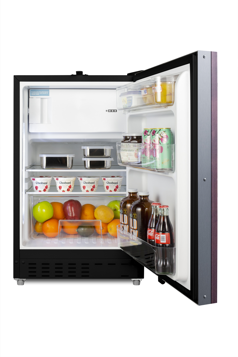 Built-in undercounter ADA compliant refrigerator-freezer in black with panel ready door for residential use, manual defrost with glass shelves, and door storage